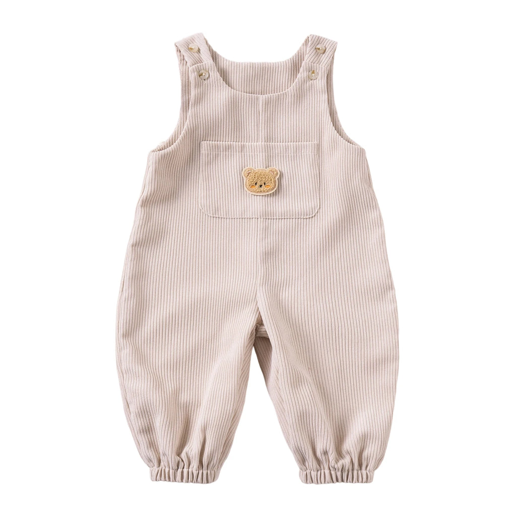 Corduroy Sleeveless Baby Jumpsuit with Bear Embroidery and Front Pocket