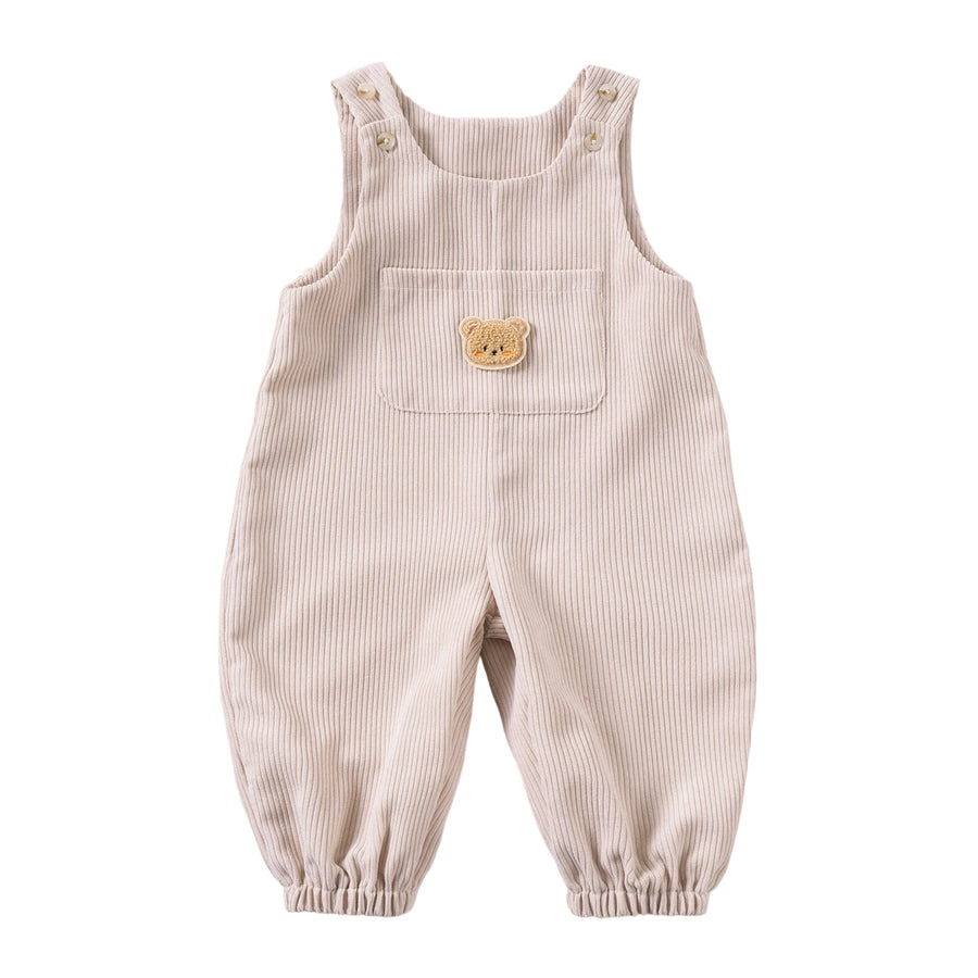 Corduroy Sleeveless Baby Jumpsuit with Bear Embroidery and Front Pocket