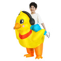 Child wearing yellow duck inflatable costume with headphones and red collar