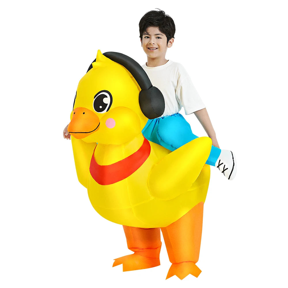 Child wearing yellow duck inflatable costume with headphones and red collar