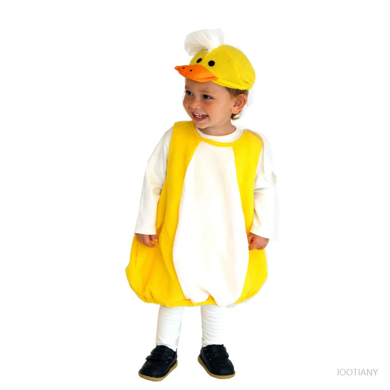 Toddler in yellow duckling costume jumpsuit and cap, side view
