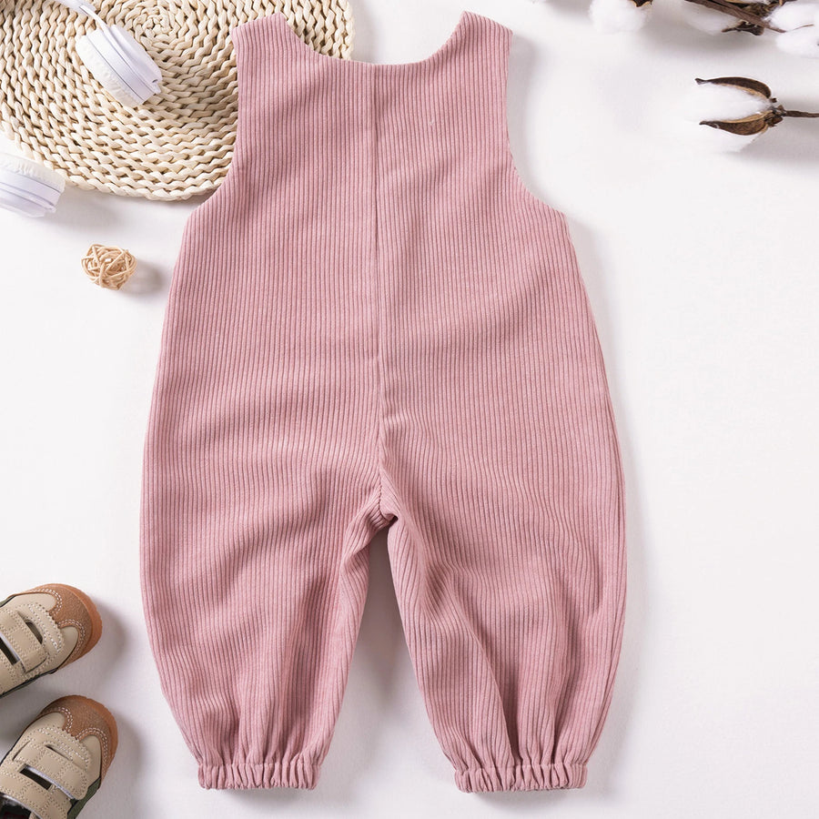 Corduroy Sleeveless Baby Jumpsuit with Bear Embroidery and Front Pocket