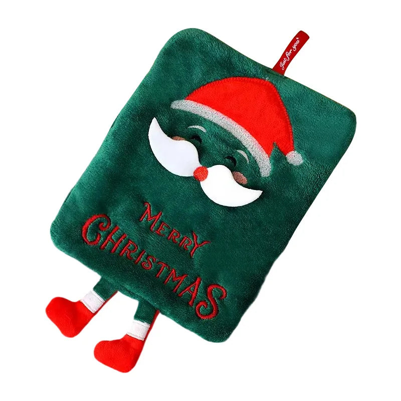 Green hanging hand towel with a Santa hat, white mustache, and Merry Christmas lettering