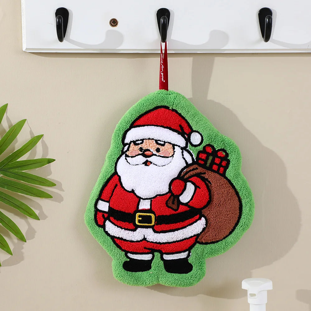 Santa Claus Christmas hand towel with a gift sack, green background, and red hanging loop.
