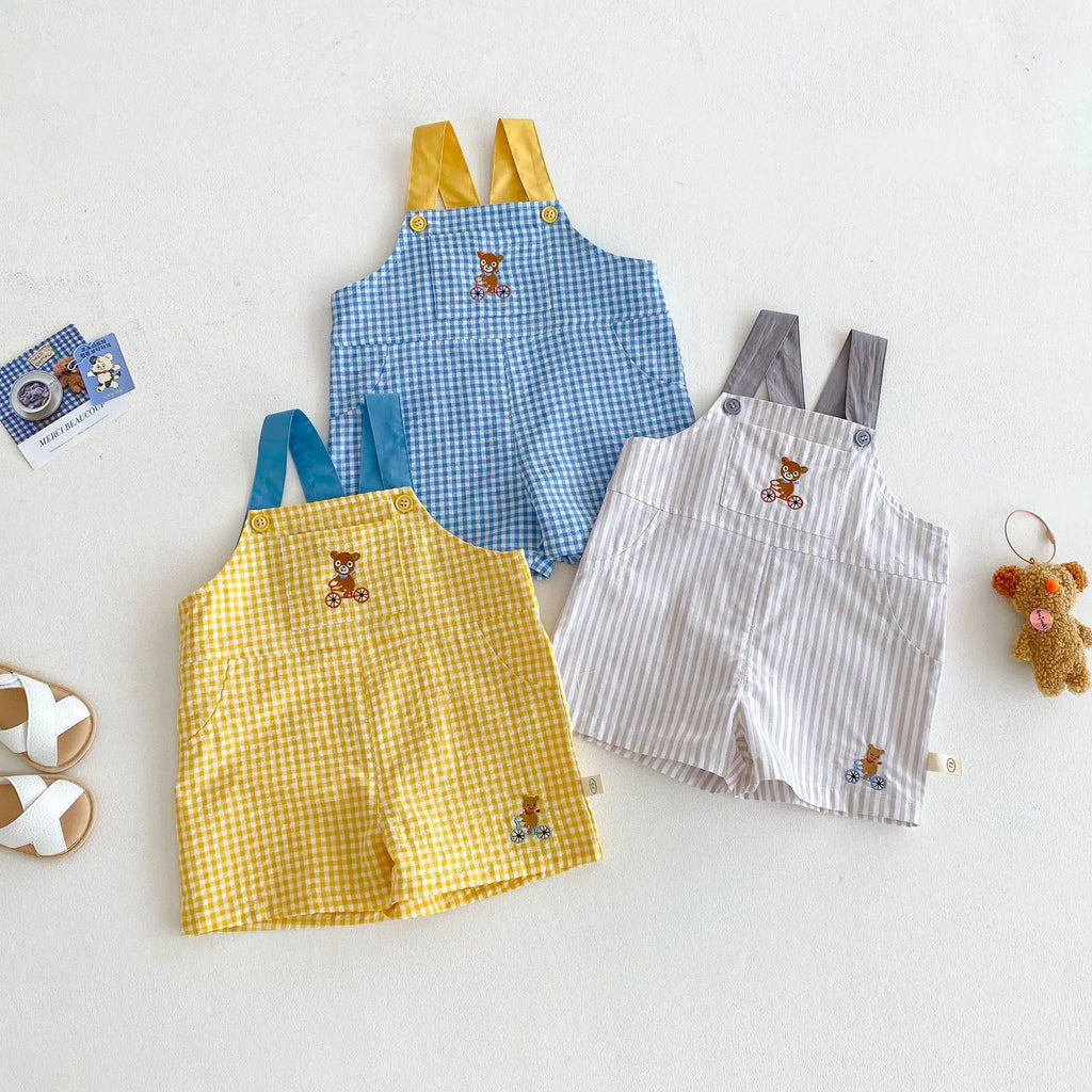 Kids Checkered Cotton Overalls with Bear Embroidery