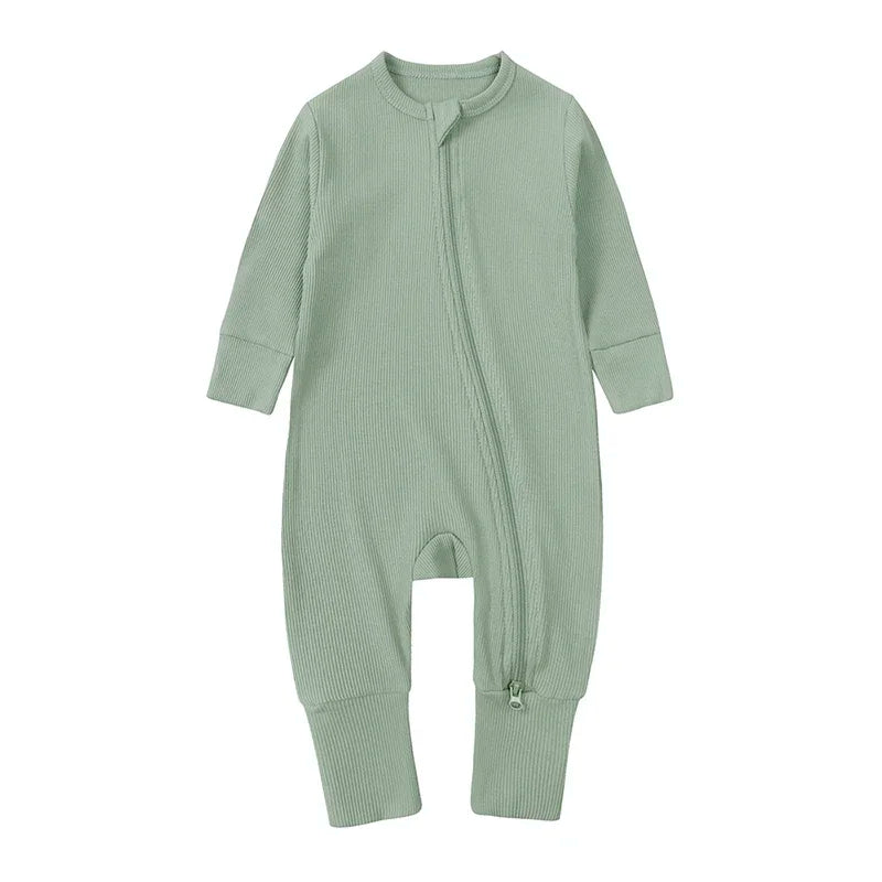 Long Sleeve Ribbed Zip Romper - Sage