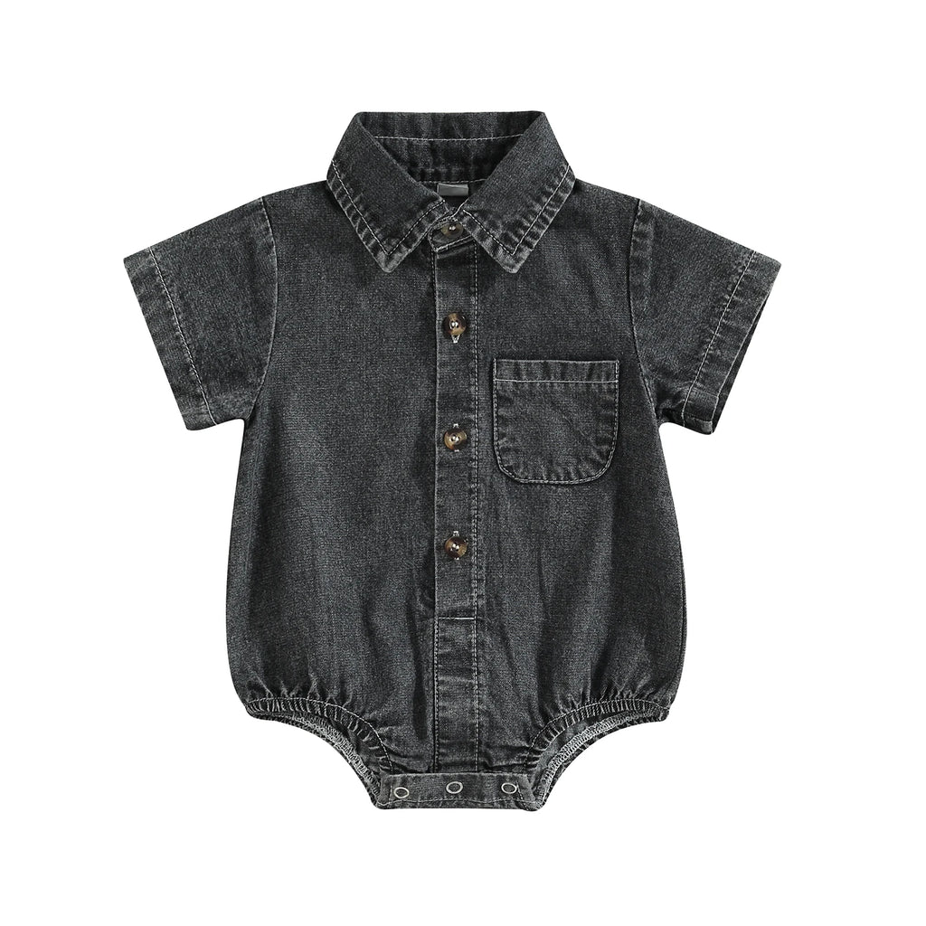 Denim Short Sleeve Baby Romper in Black