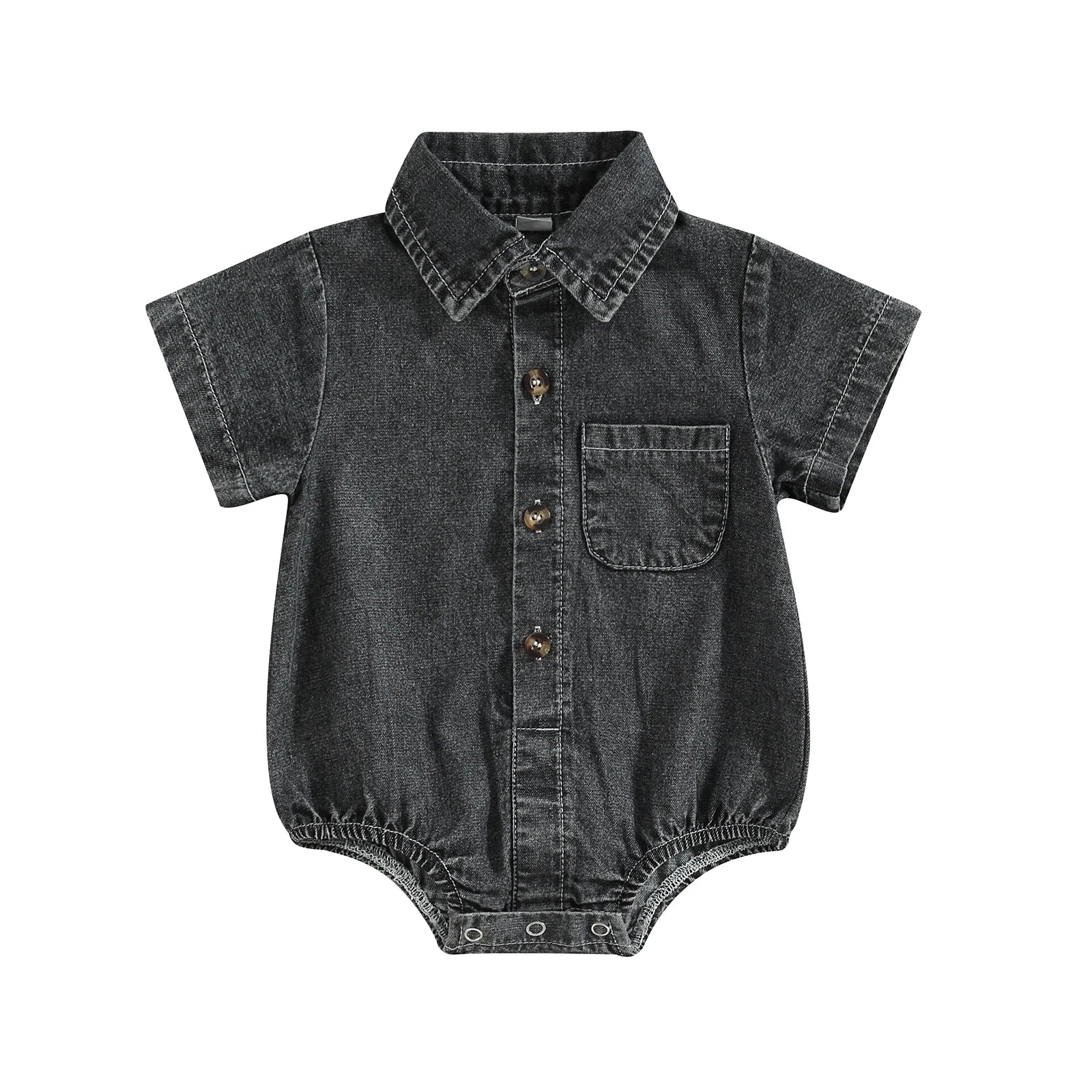 Denim Short Sleeve Baby Romper in Black