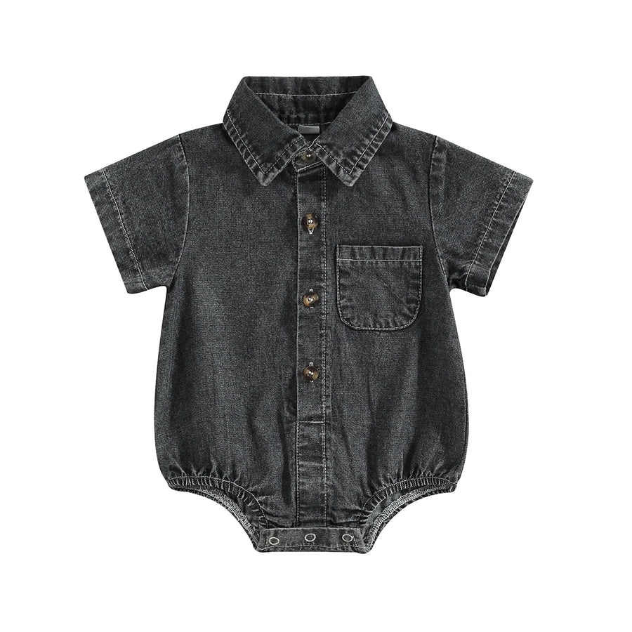 Denim Short Sleeve Baby Romper in Black