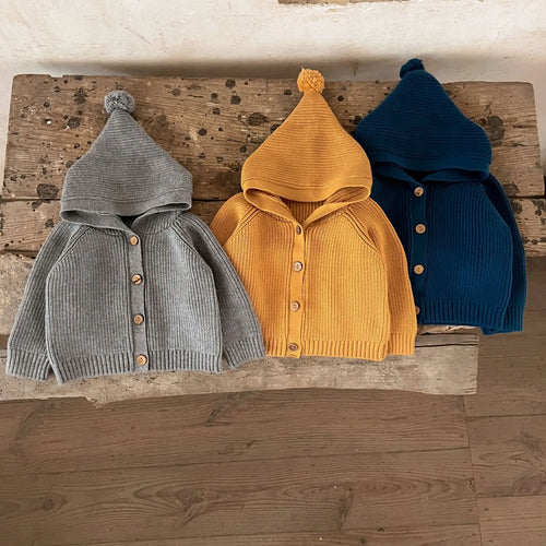 Hooded Pom Pom Knit Cardigan Cozy Cotton Baby Sweater Unisex Autumn Winter Cable Knitwear