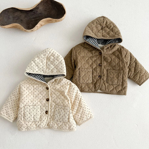 Polka Dot Corduroy Hooded Coat in Apricot color for babies