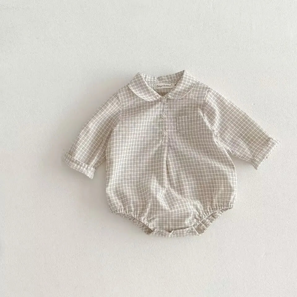 Khaki fine-check long-sleeve baby romper with rounded collar