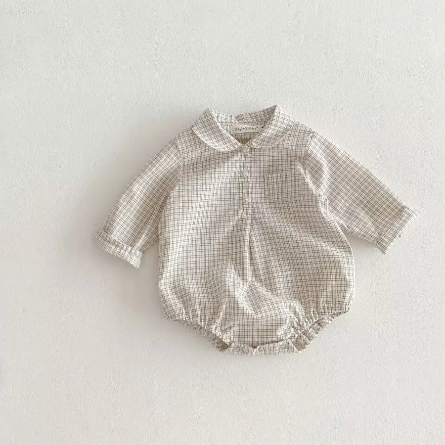 Khaki fine-check long-sleeve baby romper with rounded collar