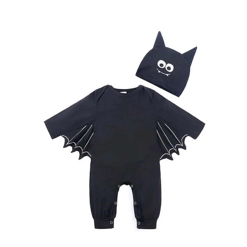 Charcoal gray baby bat romper costume with hood and ears