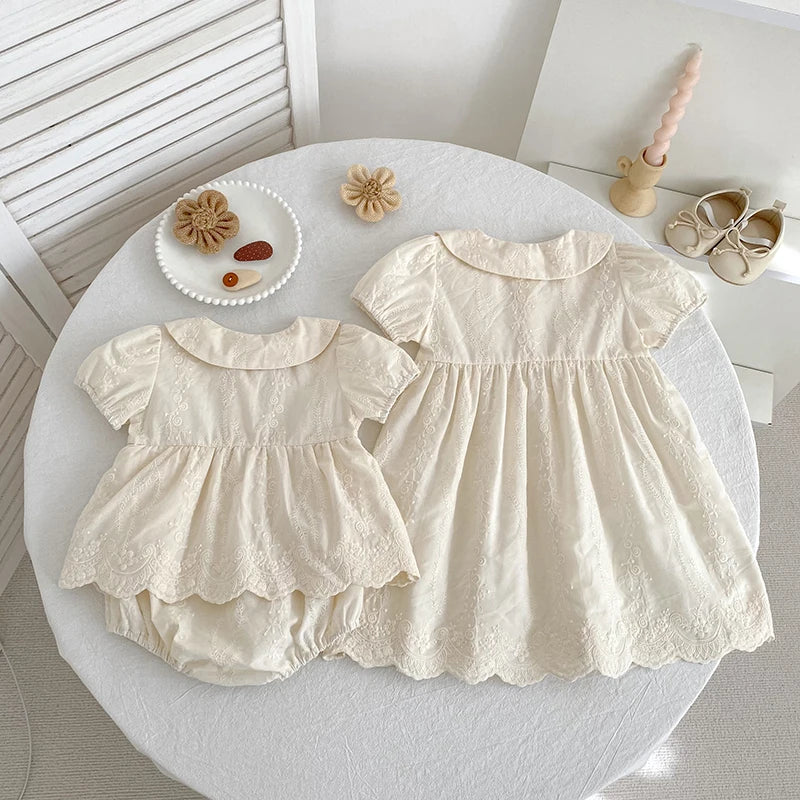 Embroidered cotton princess dress and romper set for girls
