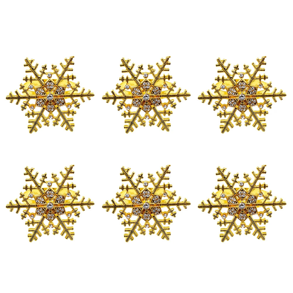 Gold Christmas Snowflake with Clear Accents Napkin Rings — Set of 6. A gold-tone snowflake with clear decorative accents.