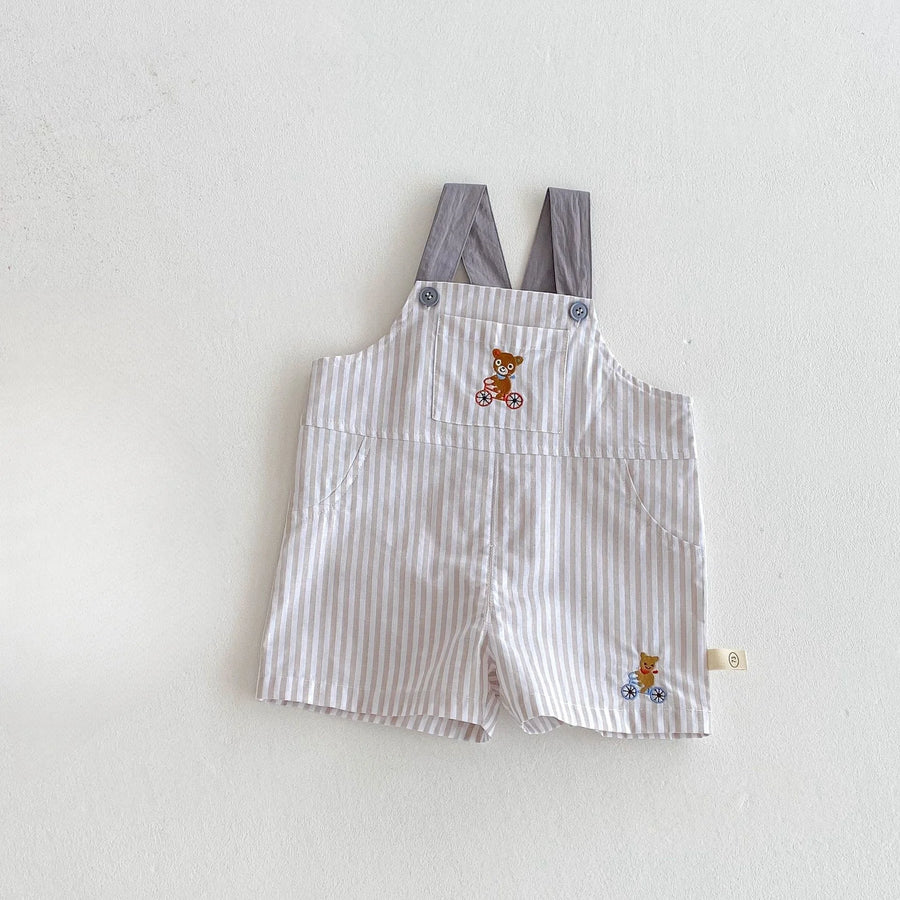 Gray striped short overalls with bear bicycle embroidery
