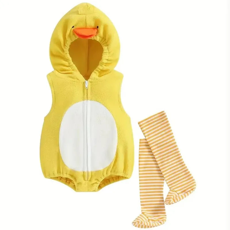 Yellow duck baby costume romper with hood and striped stockings