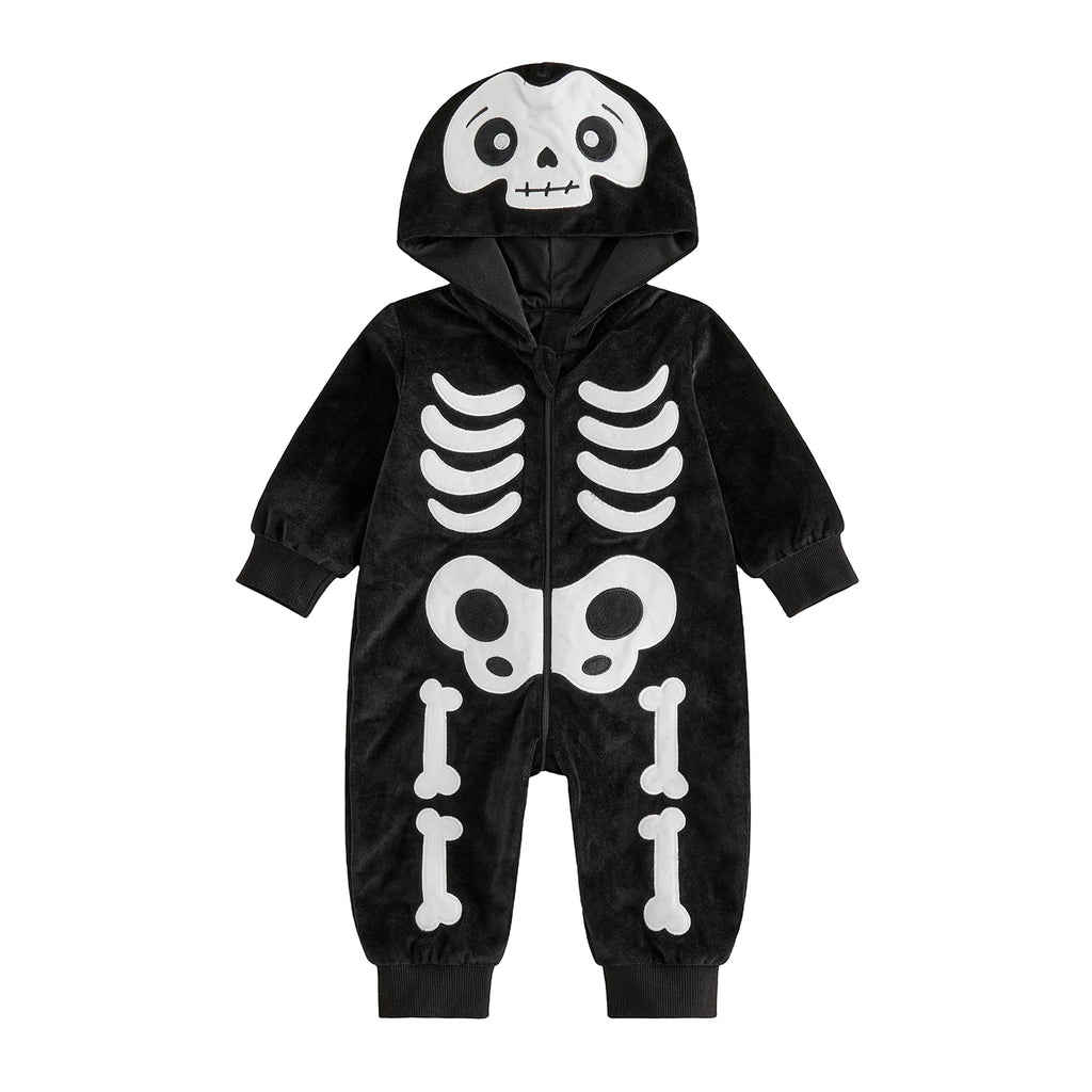 Black skeleton hooded romper with white bone prints front view