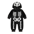 Black skeleton hooded romper with white bone prints front view