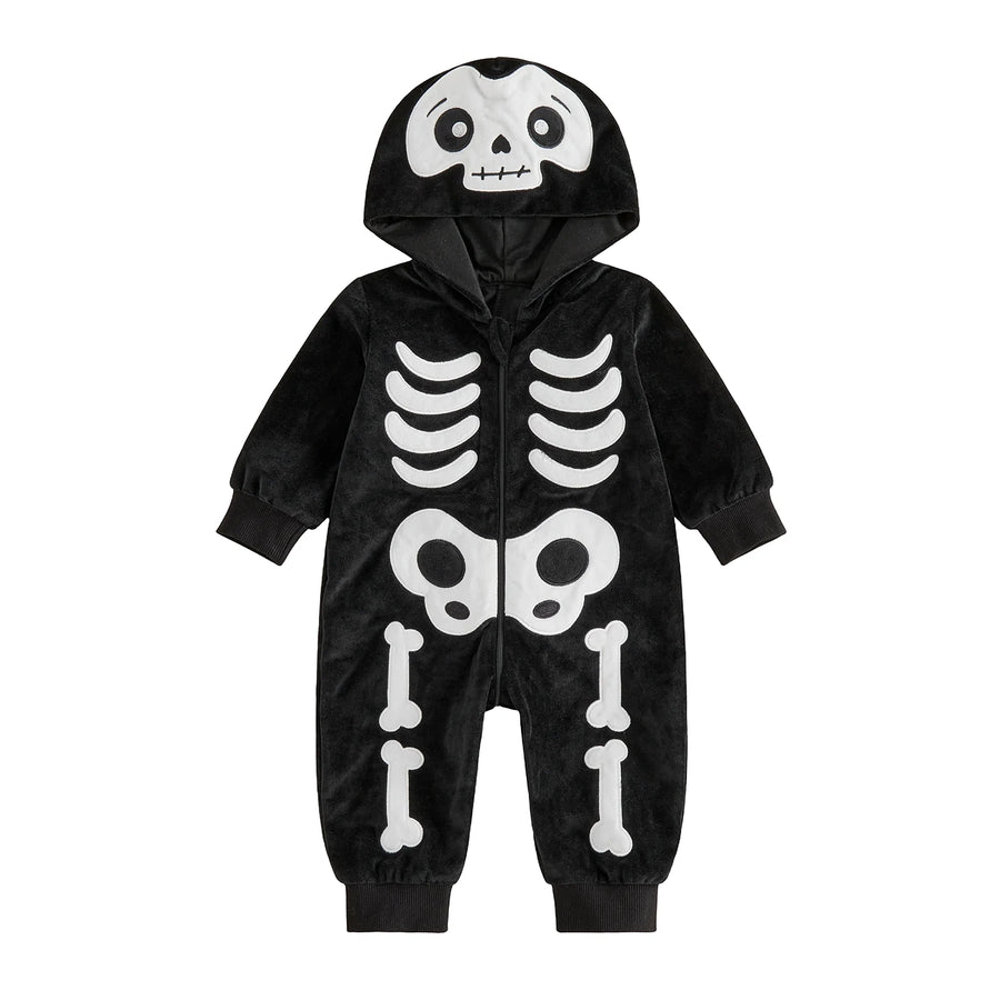 Black skeleton hooded romper with white bone prints front view