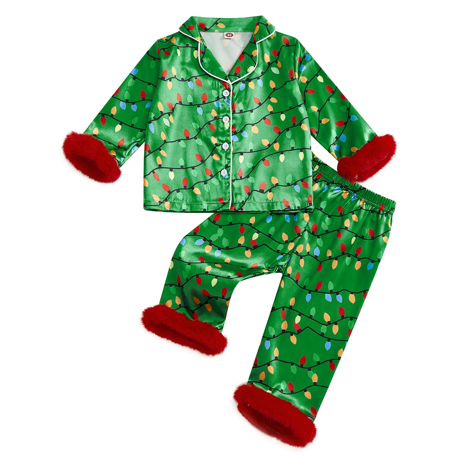 Green button-front pajama top and matching pants with a multicolored Christmas light print and fluffy red cuffs.