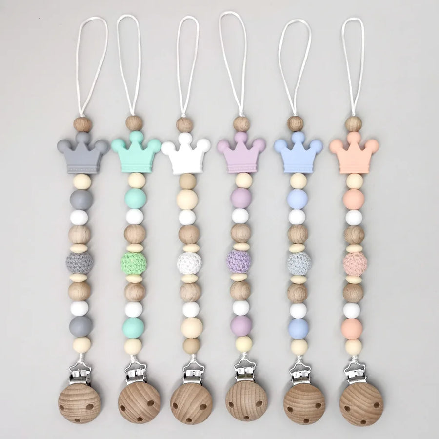 Wooden Bead Pacifier Clip with Round Crown Beads