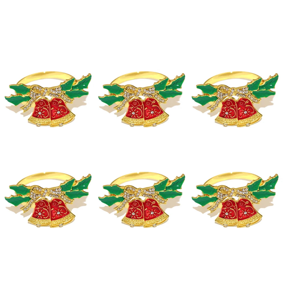 Christmas Holly Double Bell Napkin Rings — Set of 6. Two red bells beneath green holly leaves.