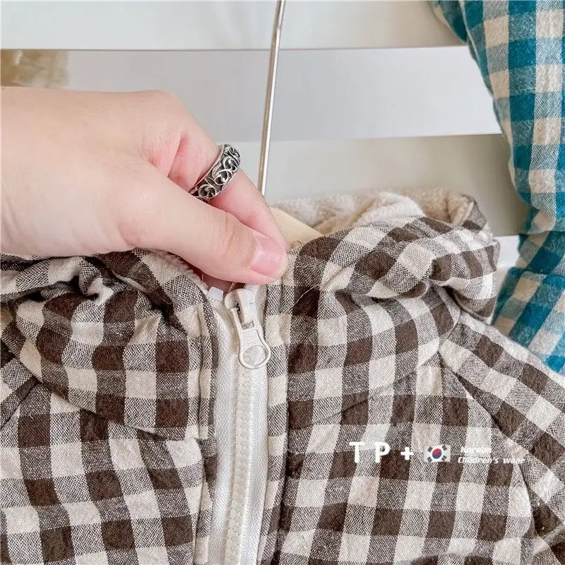 Plaid Cotton Kids Jacket with Plush Warmth in Brown, side view