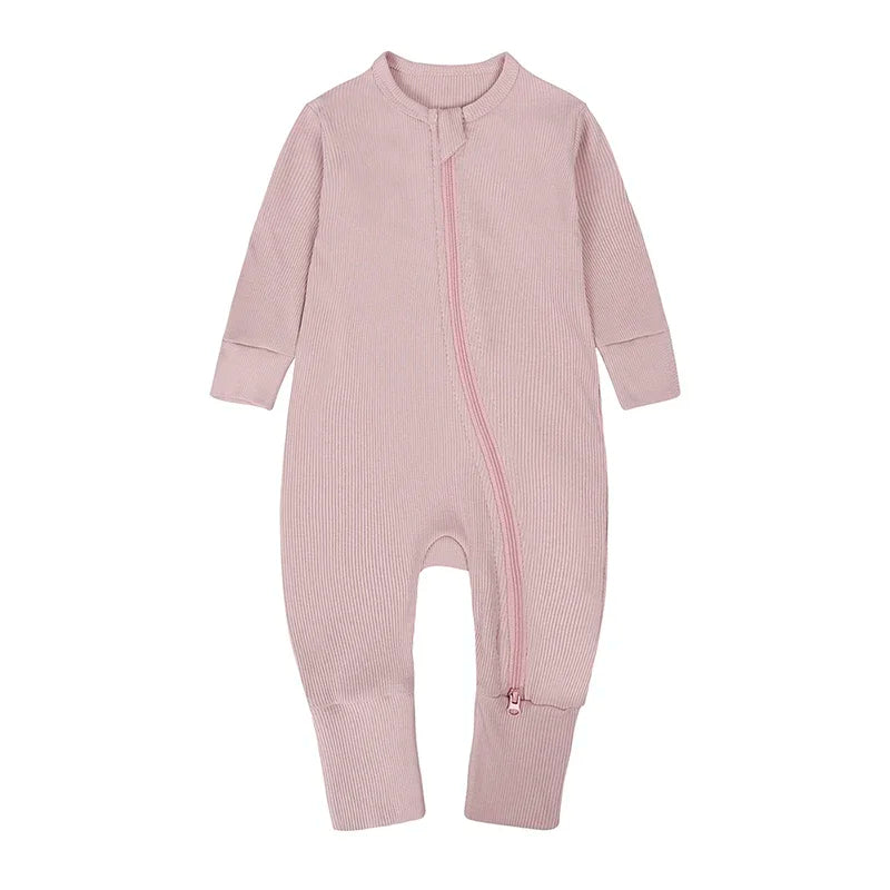 Long Sleeve Ribbed Zip Romper - Soft Blush