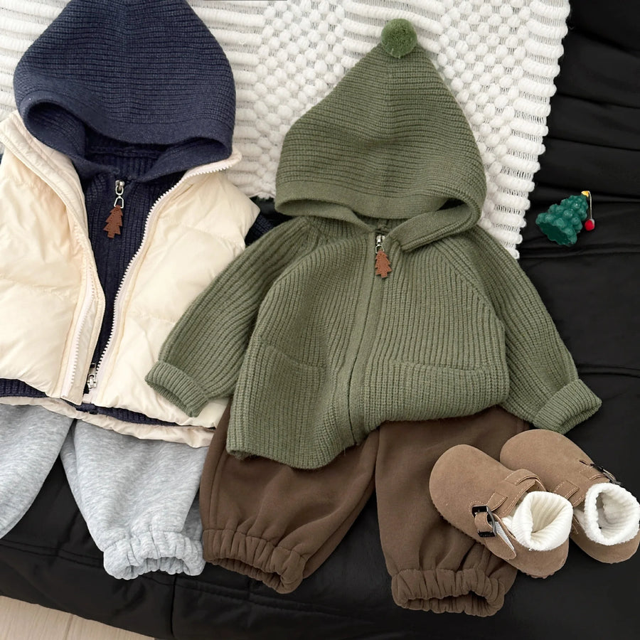 Toddler in dark blue warm knit hooded coat