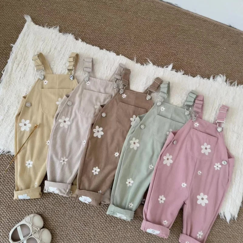 Floral Embroidered Corduroy Overalls with Adjustable Straps