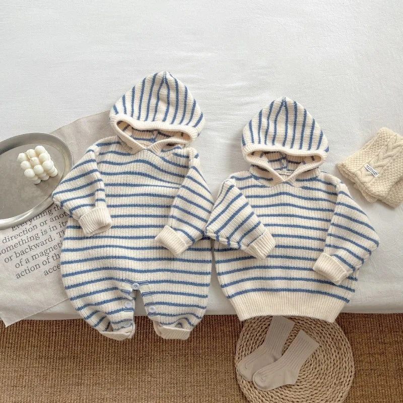 Striped Knit Romper back view with hood detail