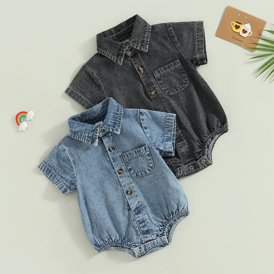 Denim Short Sleeve Baby Romper in Blue