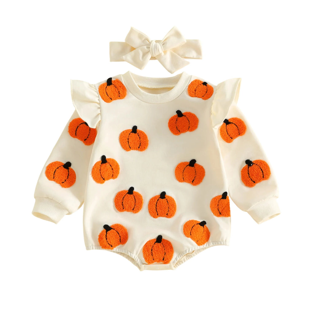 Beige infant bodysuit with orange pumpkin appliques and matching beige headband with bow