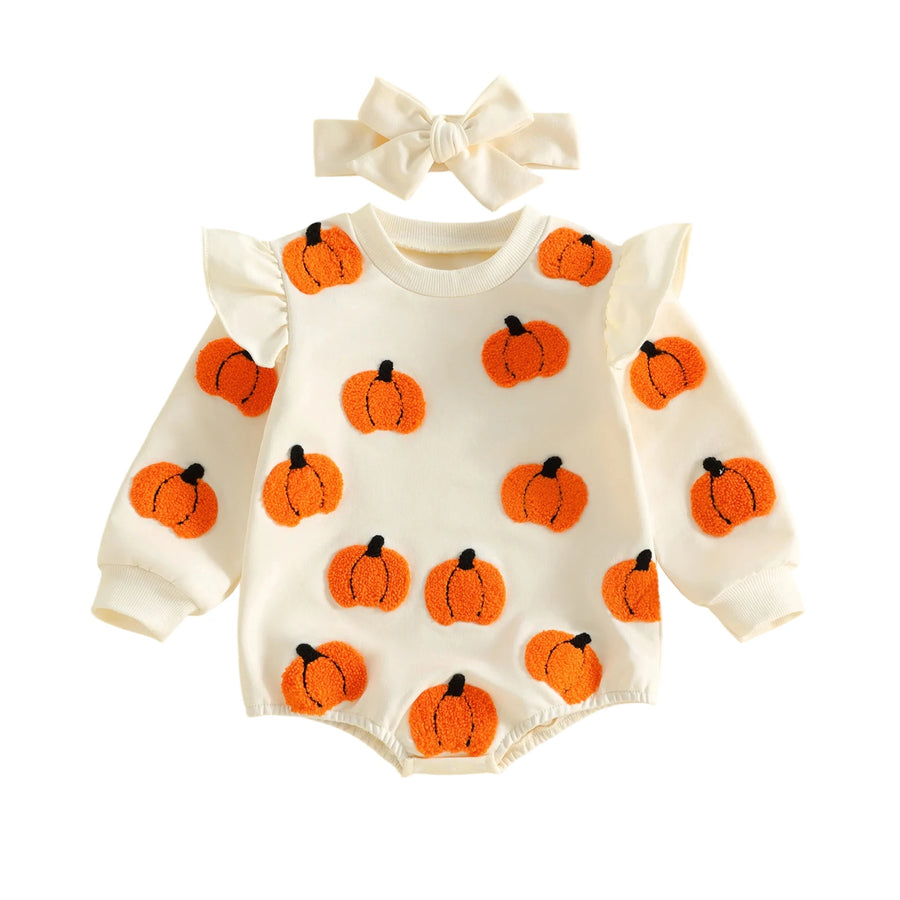 Beige infant bodysuit with orange pumpkin appliques and matching beige headband with bow