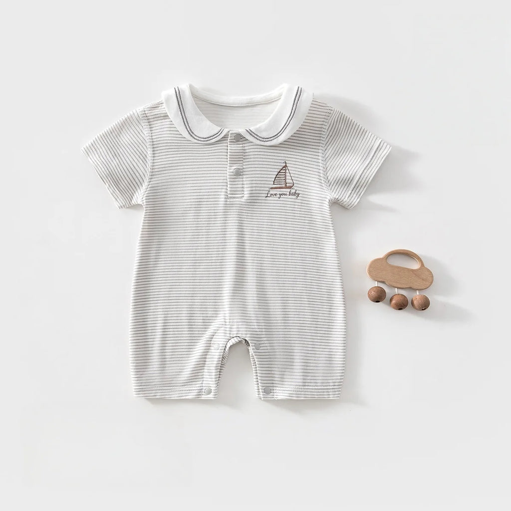 Striped Sailor Collar Romper in Khaki and Grey for Baby