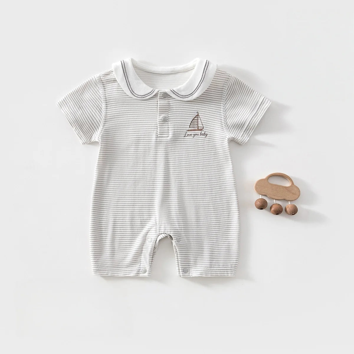Striped Sailor Collar Romper in Khaki and Grey for Baby