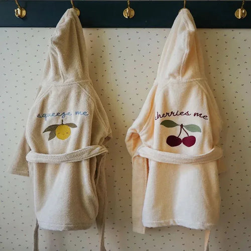 Embroidered Cotton Hooded Bathrobe Set with Cherry and Lemon Designs