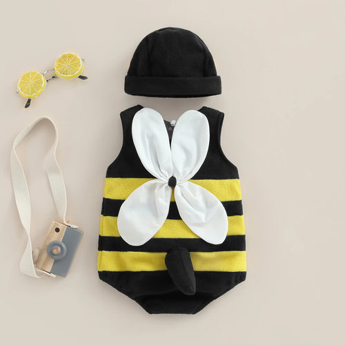 Infant bee romper costume set with striped sleeveless jumpsuit, white wings, black tail, and matching black hat.