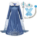 Blue princess dress with white fur collar, snowflake cape, and matching accessories including tiara, wand, gloves, and braid