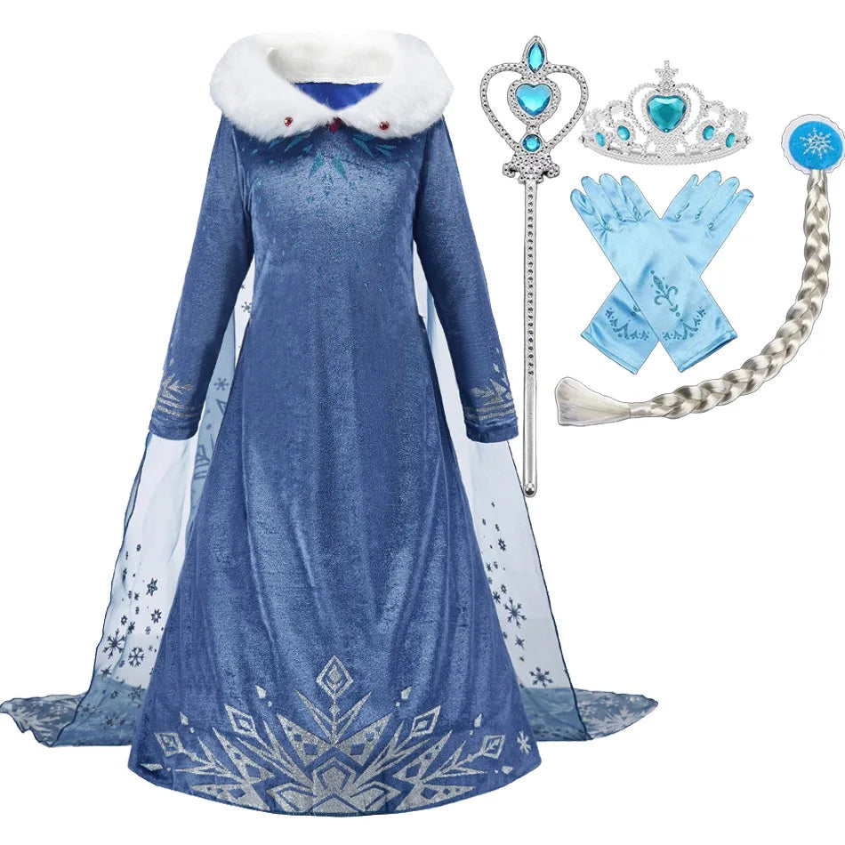 Blue princess dress with white fur collar, snowflake cape, and matching accessories including tiara, wand, gloves, and braid