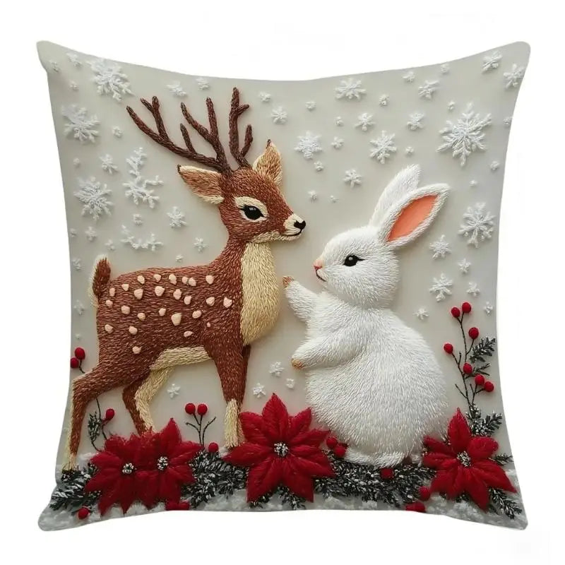 Christmas deer and rabbit pillow cover, D, featuring a deer and a white rabbit with red poinsettias and snowflakes.