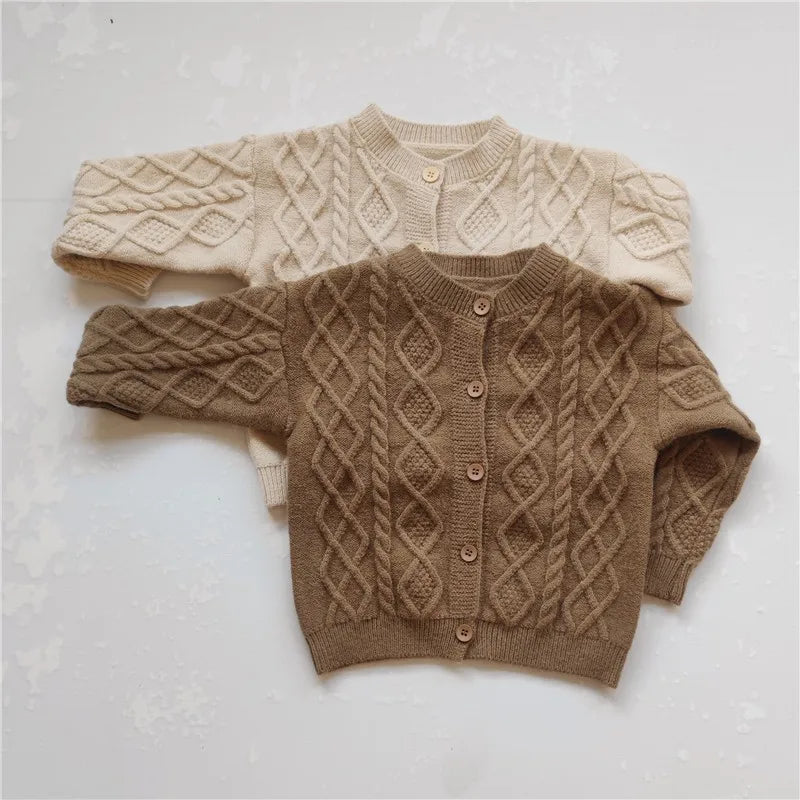 Autumn knit cardigan sweater for babies and toddlers in brown and beige colors