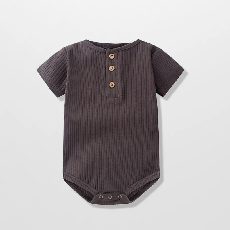 Classic Ribbed Short Sleeve Baby Bodysuit with Wood Button Detail