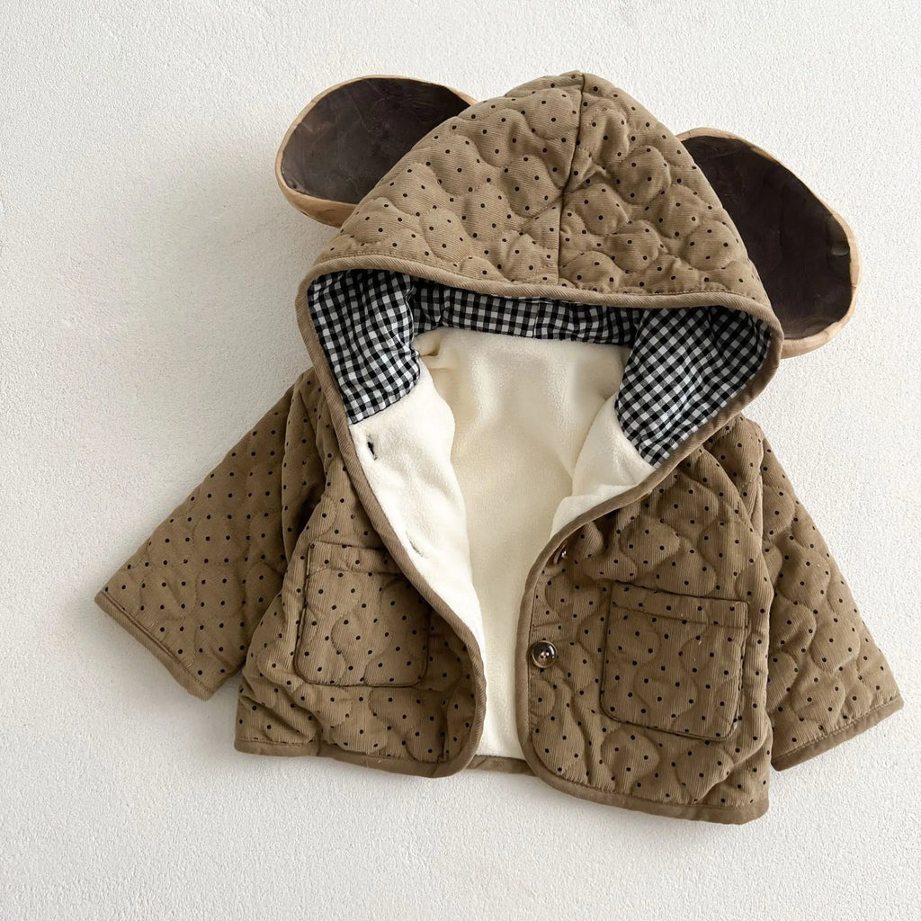 Polka Dot Corduroy Hooded Coat in Brown color for babies