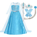 Blue princess dress costume set with cape, tiara, wand, gloves, and braid hairpiece