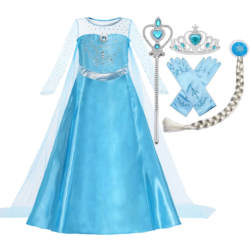 Blue princess dress costume set with cape, tiara, wand, gloves, and braid hairpiece