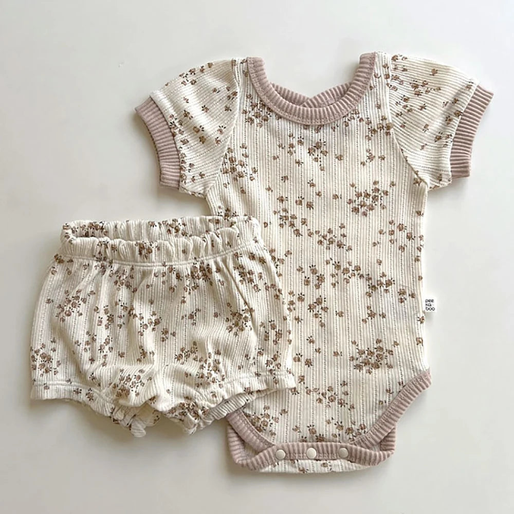 Floral Short Sleeve Romper Set fabric close-up