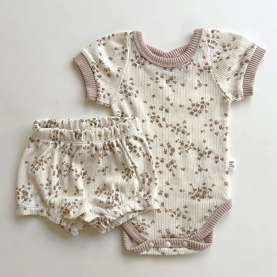 Floral Short Sleeve Romper Set fabric close-up